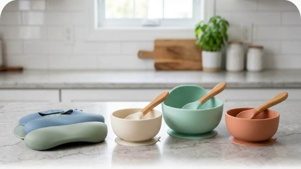 High Chairs and Feeding Gear: What You Really Need Neatly arranged set of silicone bibs, suction bowls, and soft-tip spoons