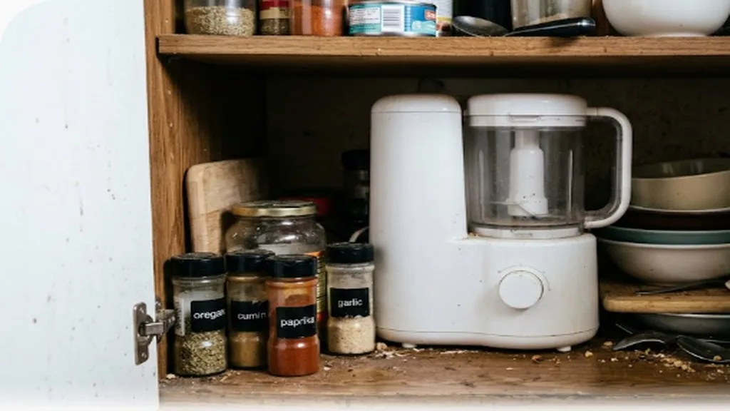 High Chairs and Feeding Gear: What You Really Need Unused baby food steamer and blender pushed to the back of a kitchen cabinet shelf