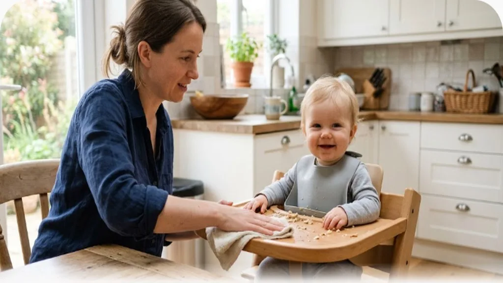 High Chairs and Feeding Gear: What You Really Need Parent wiping down a high chair tray with a cloth after mealtime