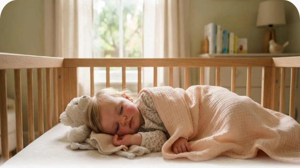 Baby napping peacefully in a crib during daytime with soft curtains
