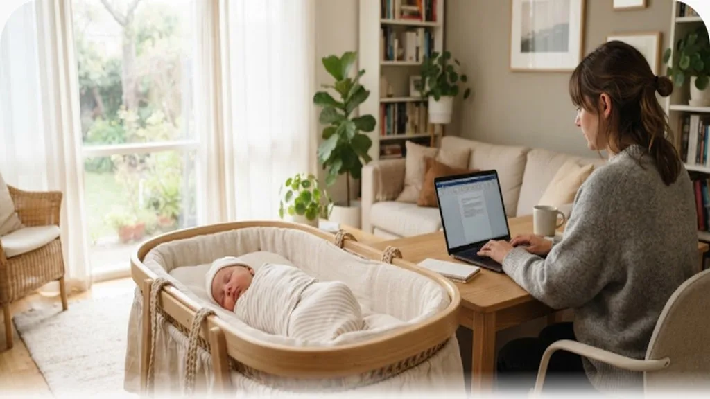 Newborn baby asleep in a bassinet in a bright living room while parent works nearby