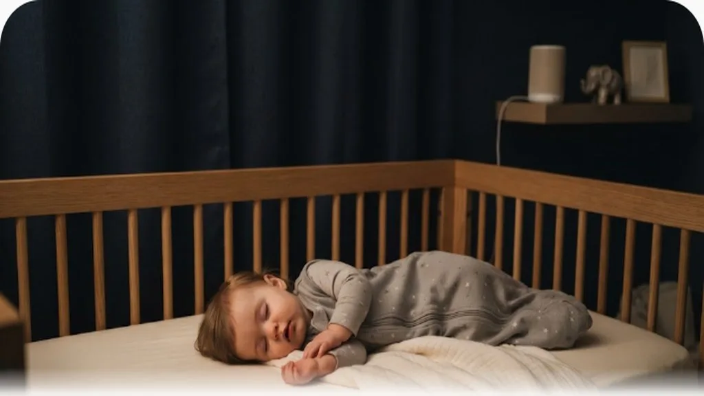 Baby around 6 months old asleep in a crib with a sound machine on a nearby shelf