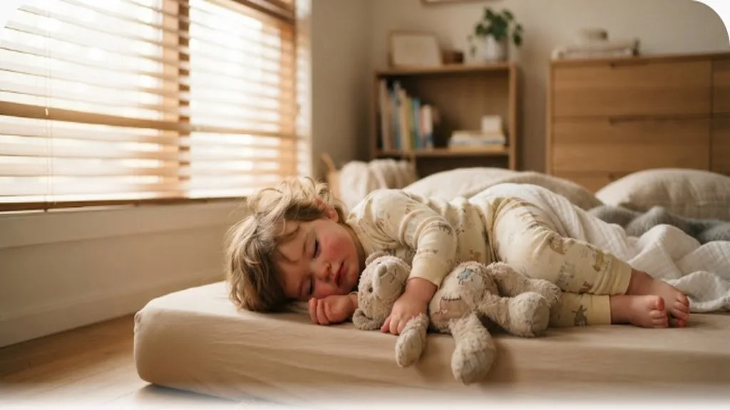 Toddler asleep on a floor mattress during a nap transition with a stuffed animal