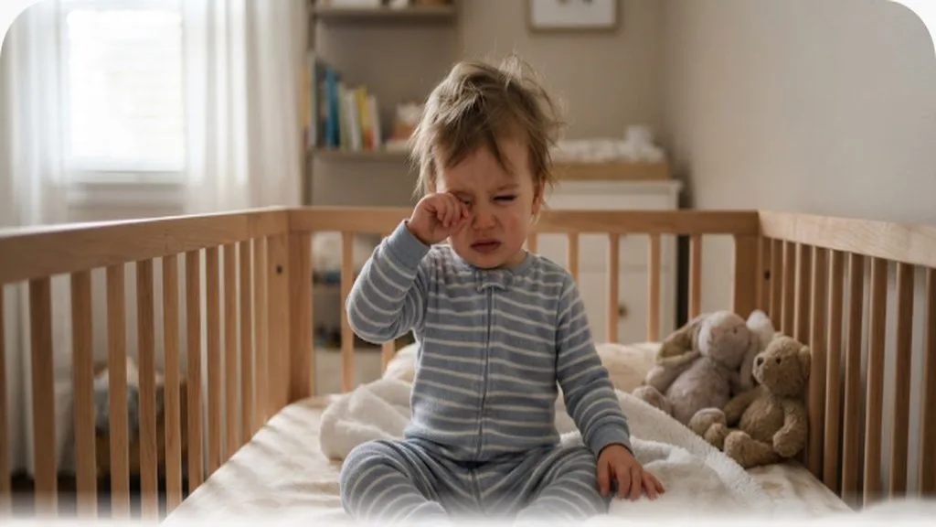 Toddler sitting up in a crib rubbing their eyes and resisting a nap