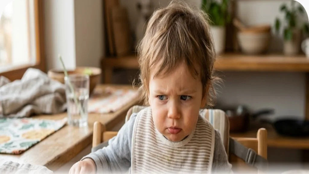 Toddler in booster seat looking suspiciously at a plate of colorful vegetables
