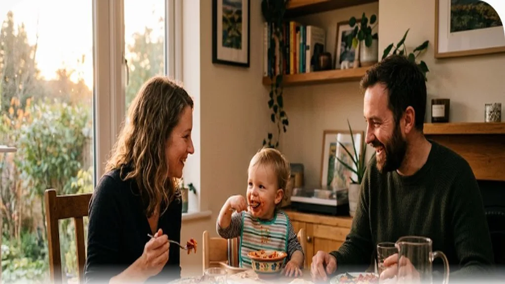 Family of three eating dinner together, toddler eating the same meal as parents