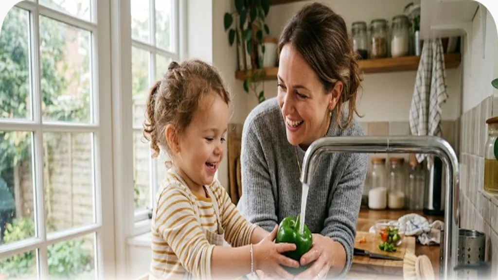 Toddler helping wash a bell pepper at the kitchen sink during meal prep