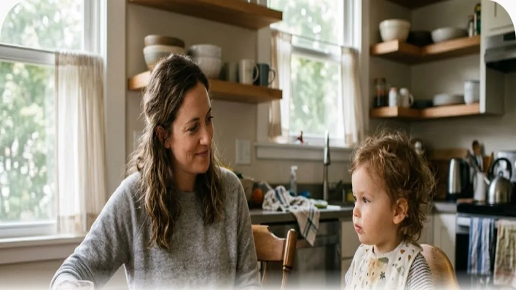 Parent calmly sitting with toddler who has stopped eating, relaxed mealtime