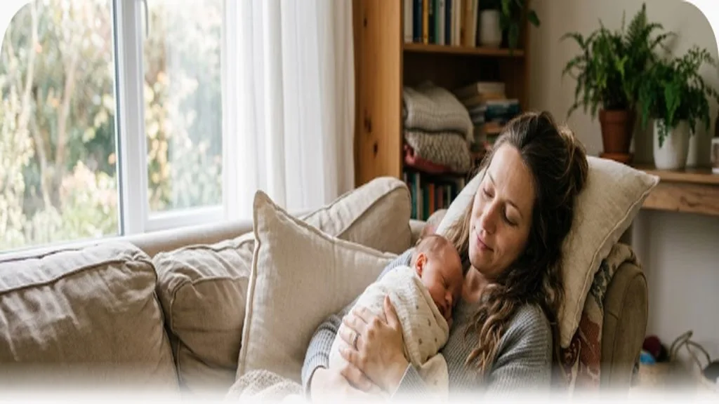Postpartum parent resting on a couch holding a sleeping newborn