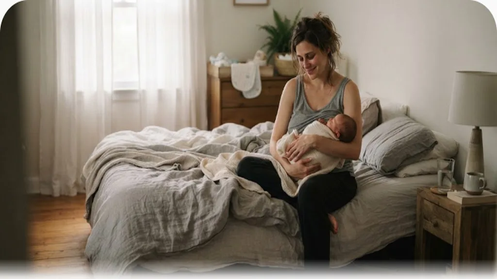 Postpartum parent sitting on the edge of a bed, tired but calm, soft morning light