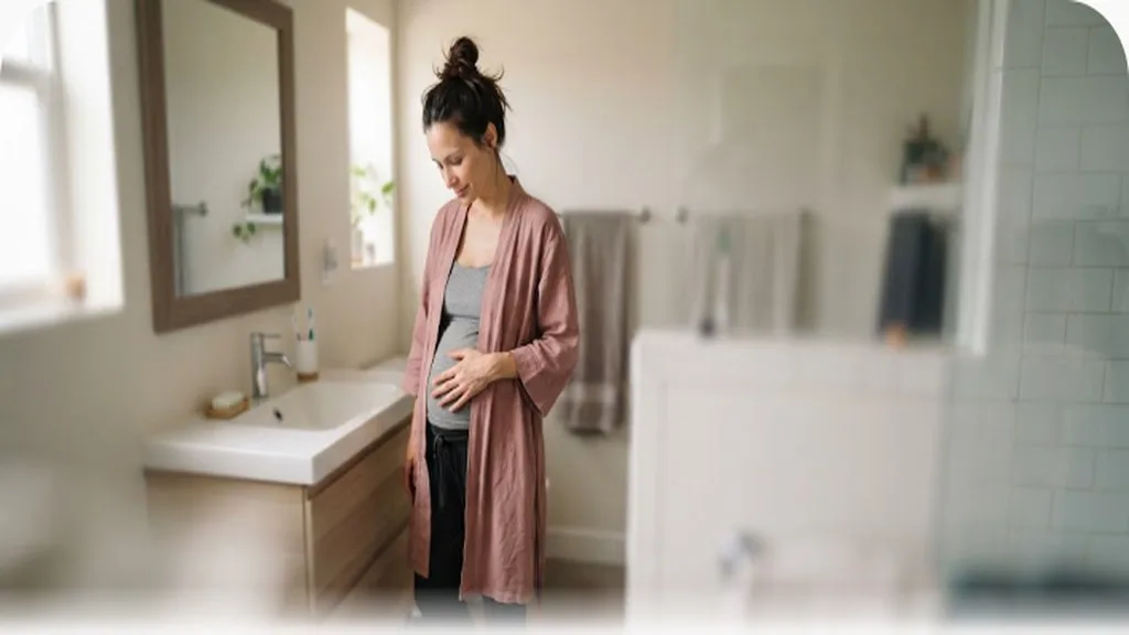 Postpartum mother gently pressing a hand to her lower belly in a bathroom