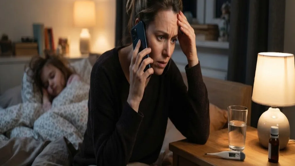 Parent on the phone looking concerned while checking a thermometer at night