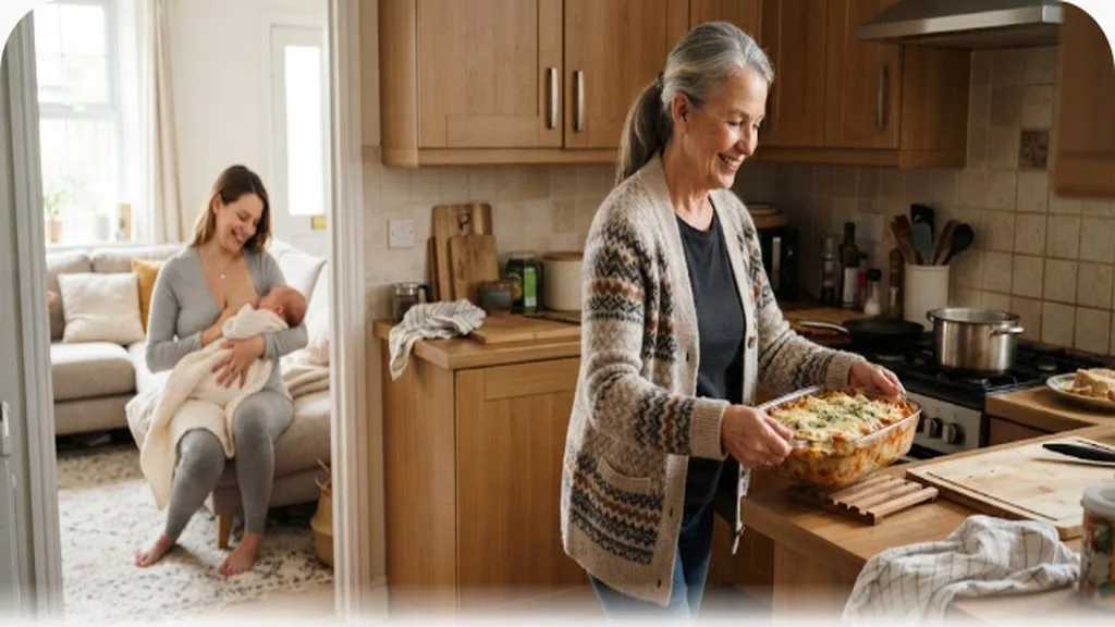 Friend bringing a casserole dish into the kitchen while a new parent rests with the baby