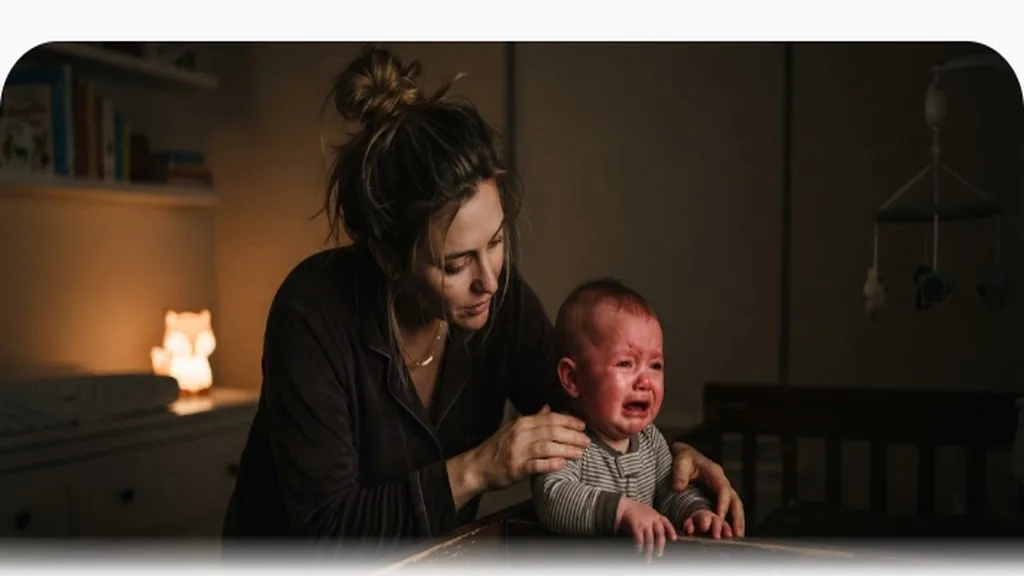 Parent comforting a crying baby standing at the crib rail at night