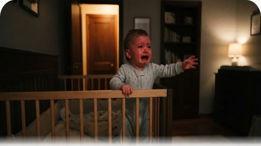 Baby around 8 months old standing and crying in a crib reaching toward the door