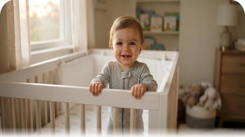 Baby around 12 months old standing at the crib rail in early morning light, alert