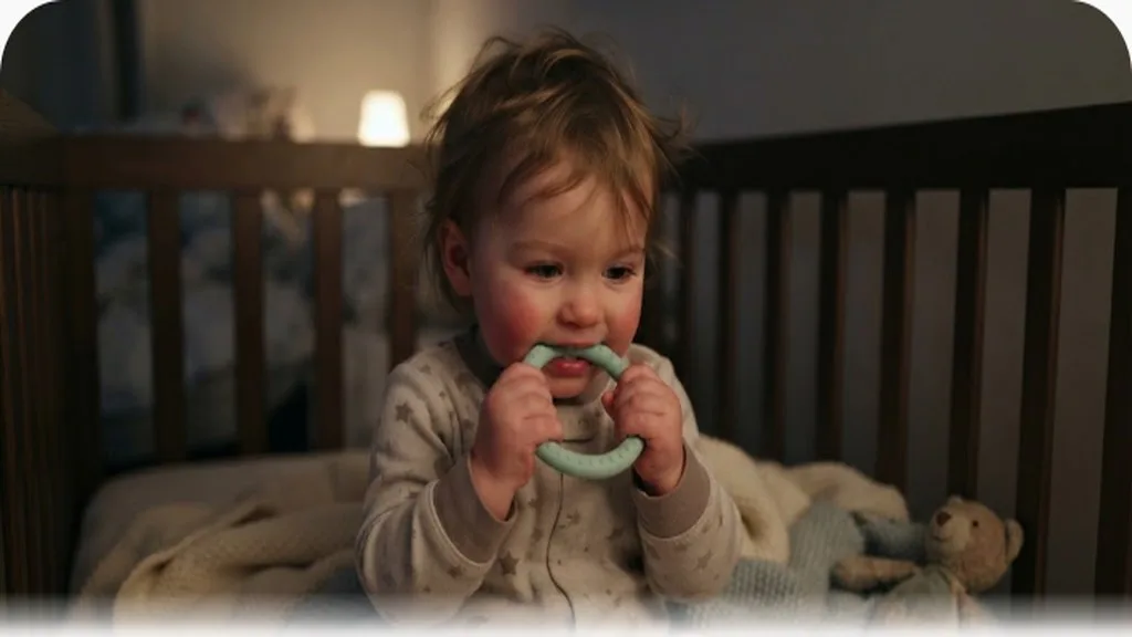 Toddler around 18 months old biting on a teething toy sitting up in a crib at night