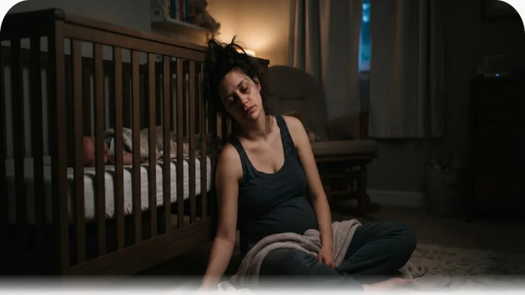 Exhausted parent sitting on the floor leaning against a crib at 3am