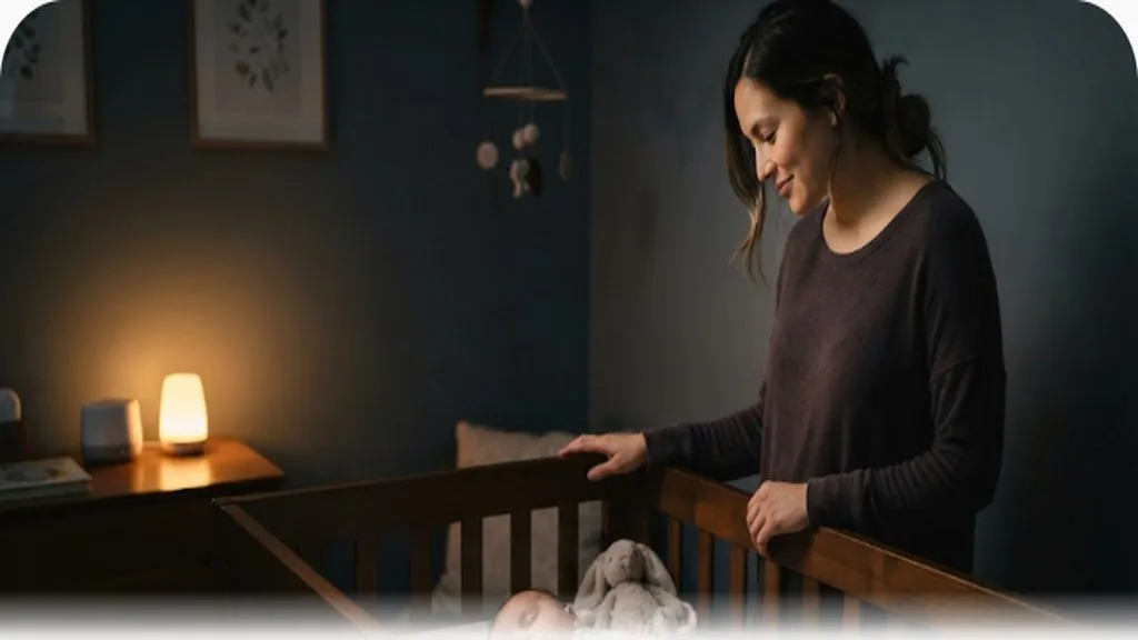 Parent standing beside a crib in a dim nursery with soft nightlight glow