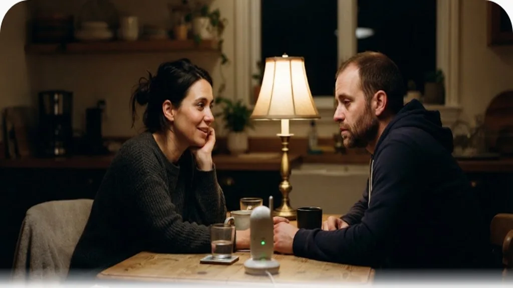 Sleep Training Methods Compared: Which Approach Fits Your Family Two tired parents talking at a kitchen table late at night with a baby monitor