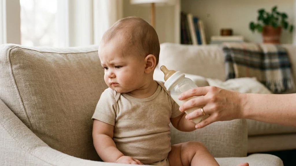 A baby turning away from a bottle