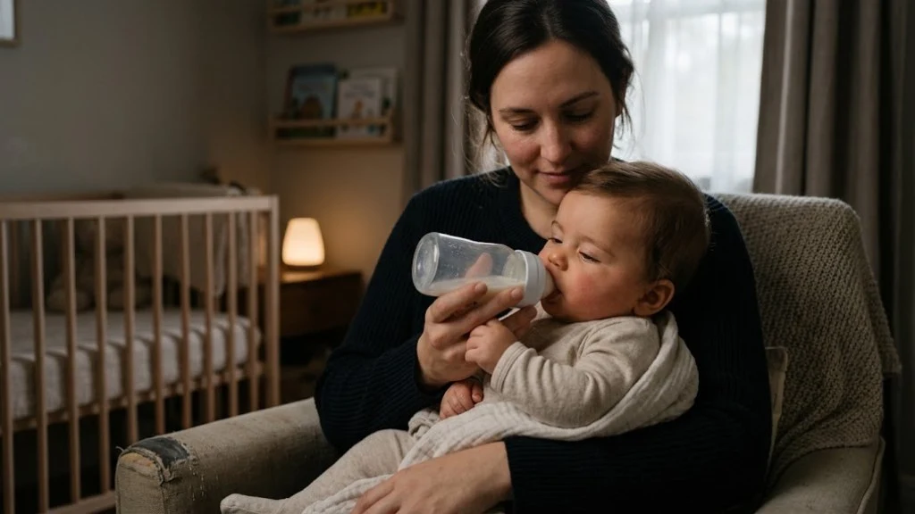 A relaxed, drowsy baby being offered a bottle in a calm room