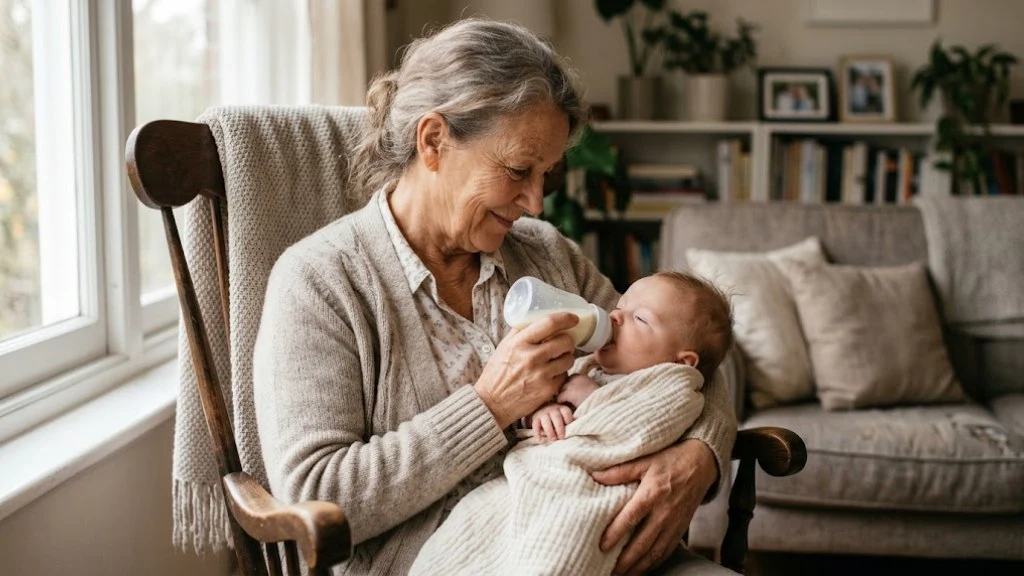 A grandparent offering the bottle while the breastfeeding parent is out of the room