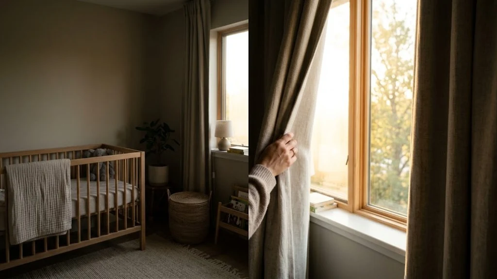 Early Morning Waking: Why Your Baby Is Up at 5 A.M. and What Helps A parent closing blackout curtains to block early sunlight