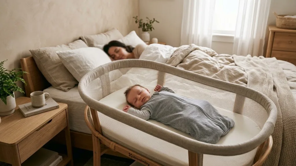 Moving Baby to Their Own Room: When and How to Make the Switch A baby sleeping in a bassinet beside the parents' bed during the room-sharing months