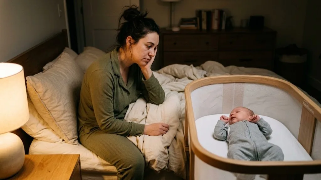 Moving Baby to Their Own Room: When and How to Make the Switch A tired parent woken by a baby's normal sleep noises in the bassinet