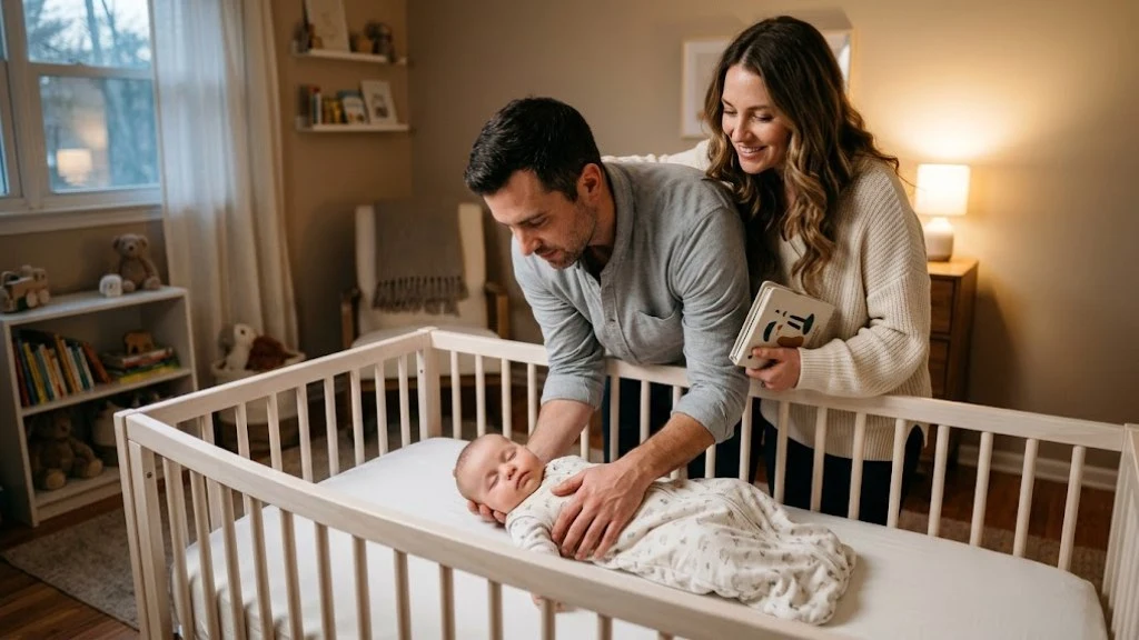 Moving Baby to Their Own Room: When and How to Make the Switch Parents following a calm bedtime routine in the new nursery