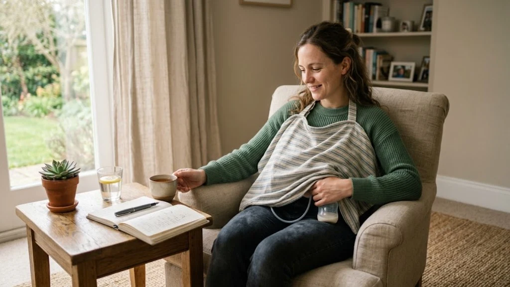 A mother pumping comfortably in an armchair at home