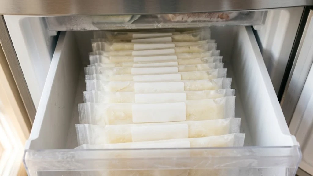 Breast milk storage bags frozen flat in a freezer