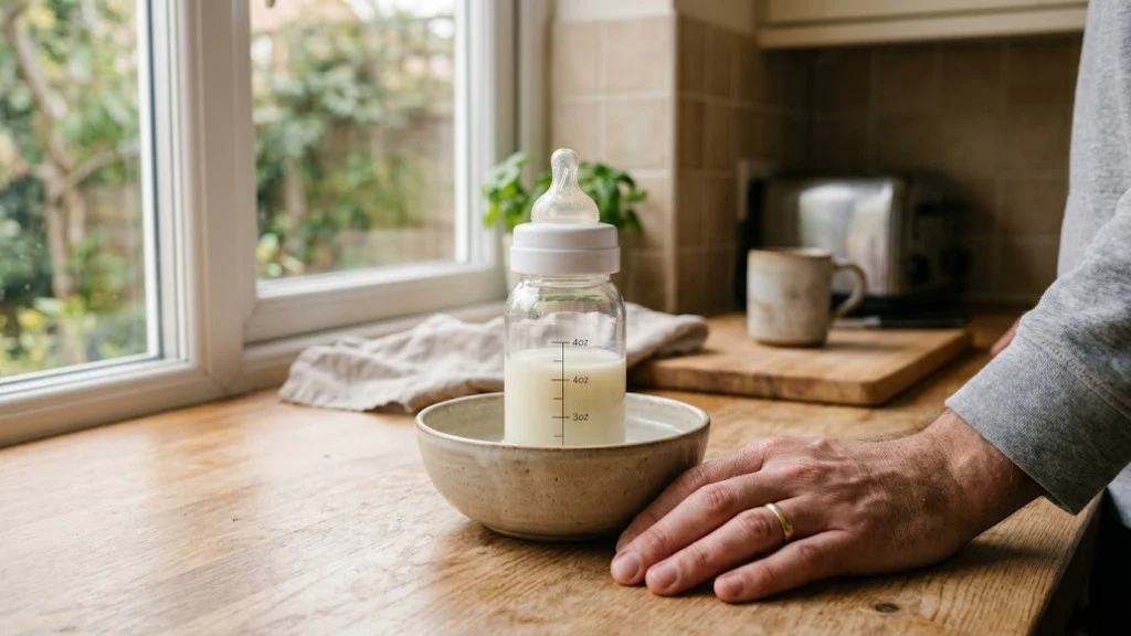 A bottle of breast milk warming gently in a bowl of warm water