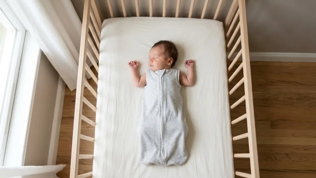 Safe Sleep Basics: How to Lower the Risk of SIDS at Home Newborn sleeping alone on their back in a bare crib with a fitted sheet