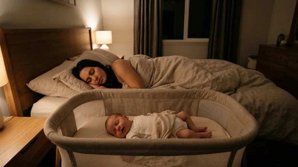 Safe Sleep Basics: How to Lower the Risk of SIDS at Home A baby sleeping in a bassinet next to the parents' bed