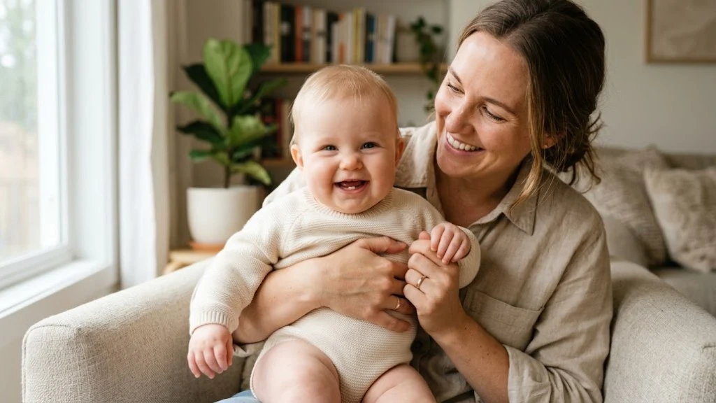 A smiling baby showing their first two bottom teeth