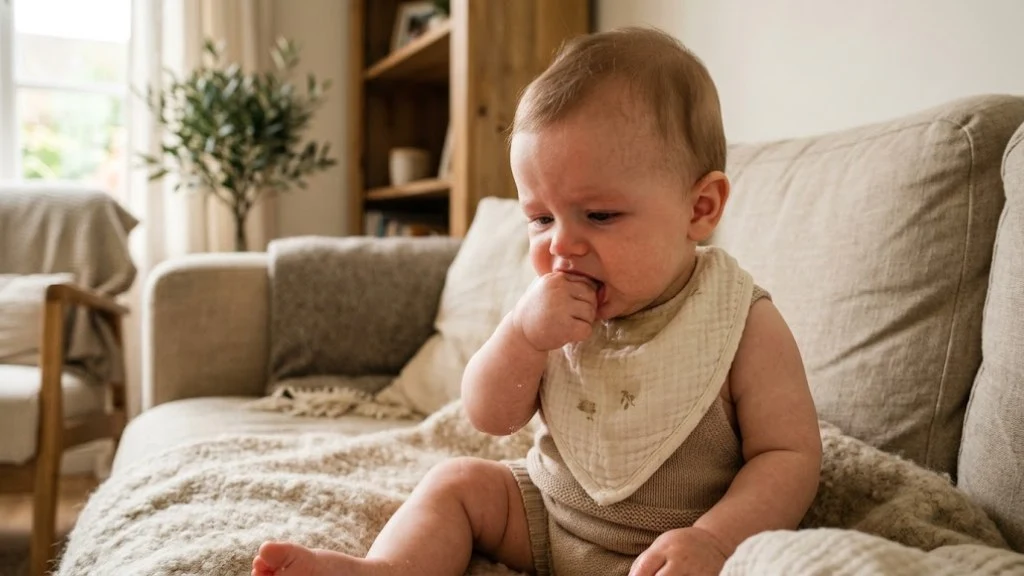 A drooling baby chewing on their fist, a common teething sign