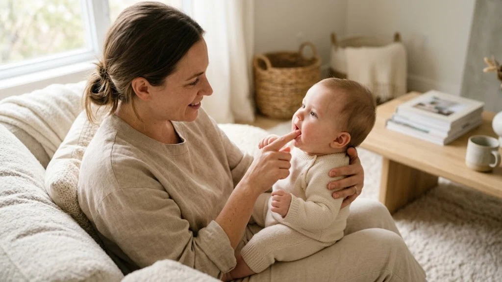 A parent gently massaging a teething baby's gums with a clean finger