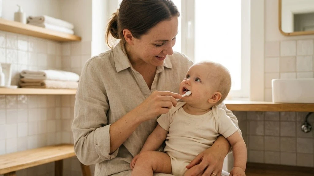 A parent brushing a baby's first teeth with a soft toothbrush