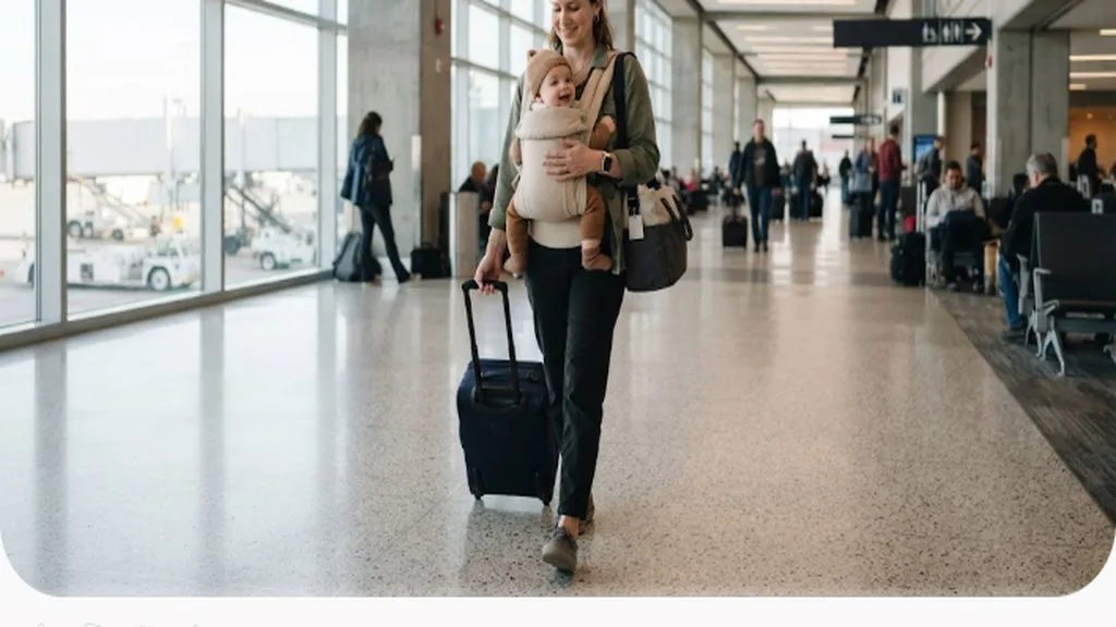Parent holding a baby while walking through an airport terminal with carry-on luggage