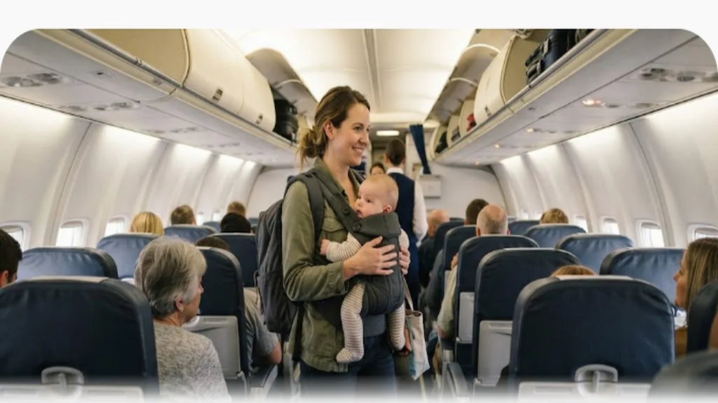Parent boarding a plane holding a baby, airplane aisle visible