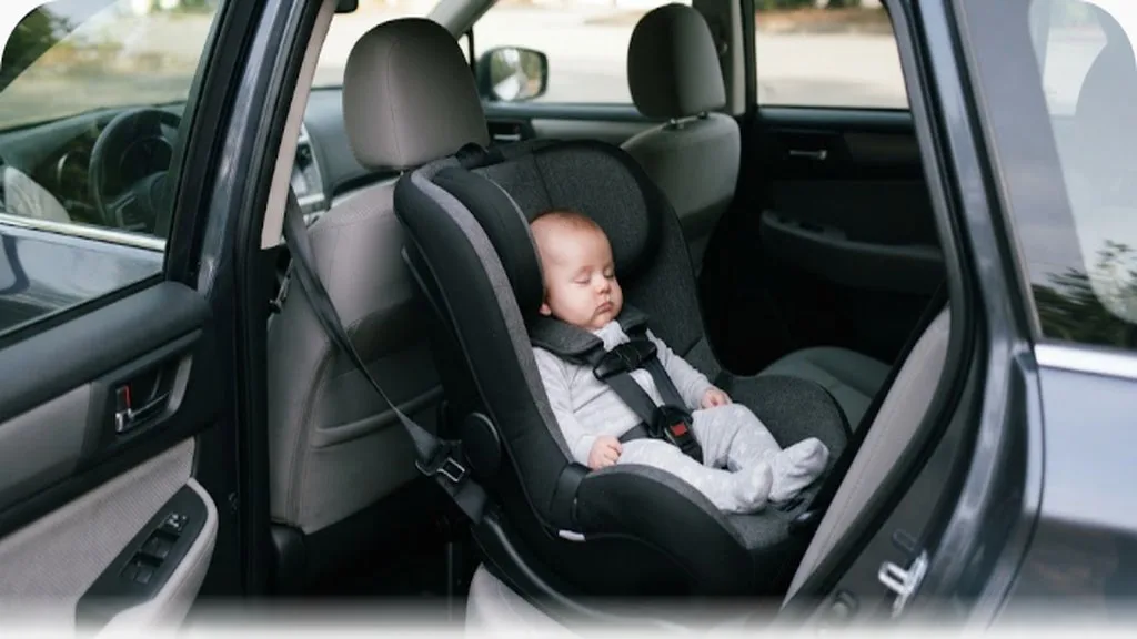 Rear-facing car seat installed in the back seat of a car with a baby strapped in