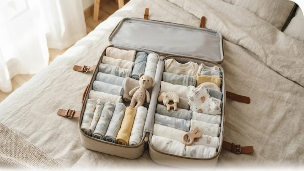 Small open suitcase packed with neatly rolled baby clothes and toys