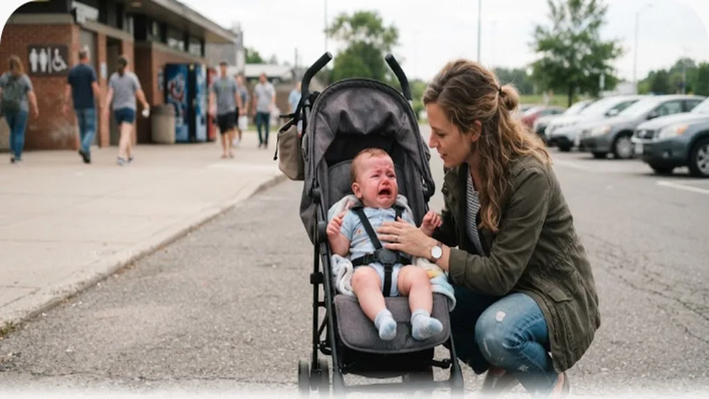 Parent crouched down comforting a crying baby in a stroller at a rest stop